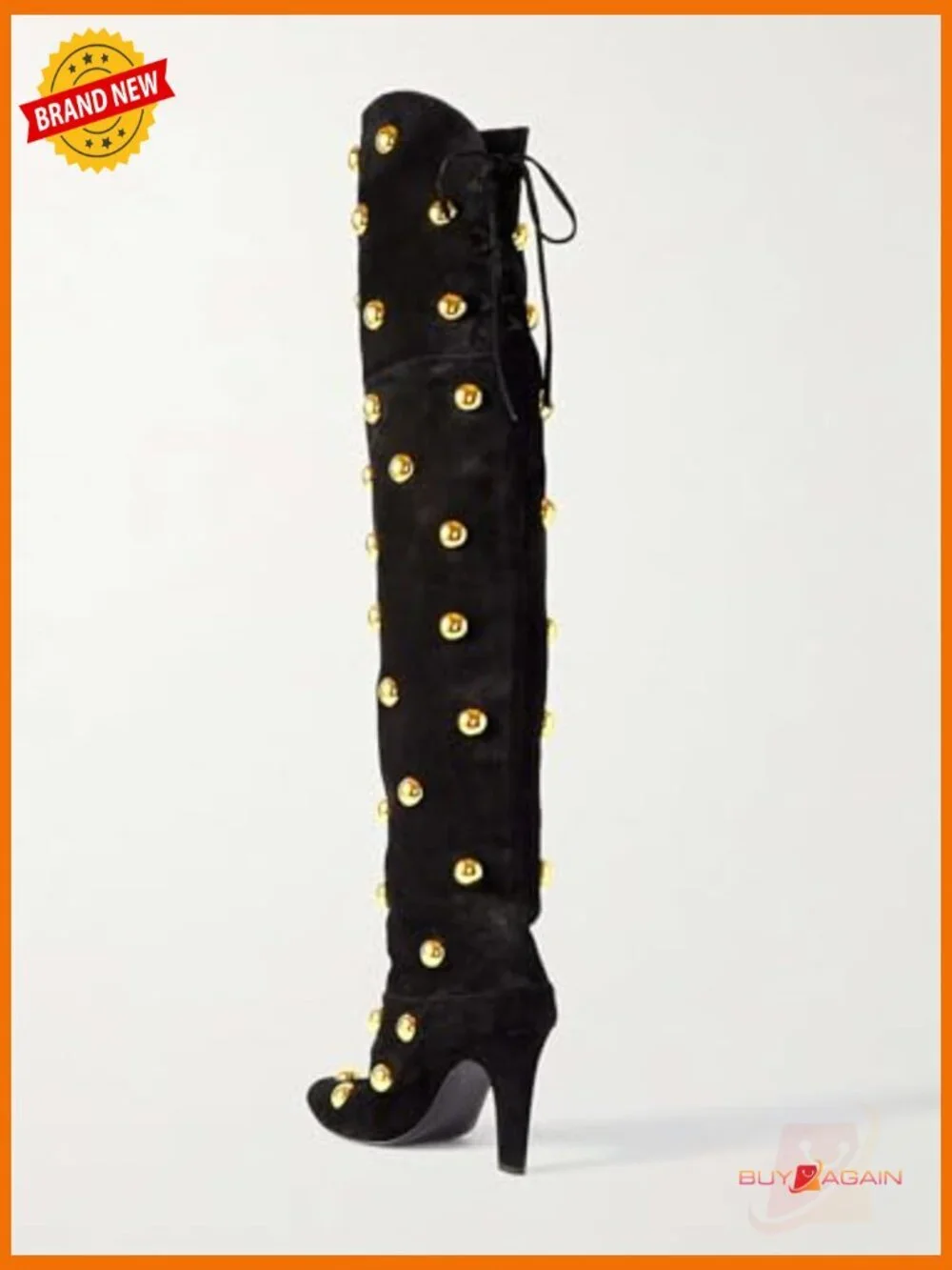Studded Over the Knee Boots Pointed Toe Suede Chunky Heel Pull On Thigh High